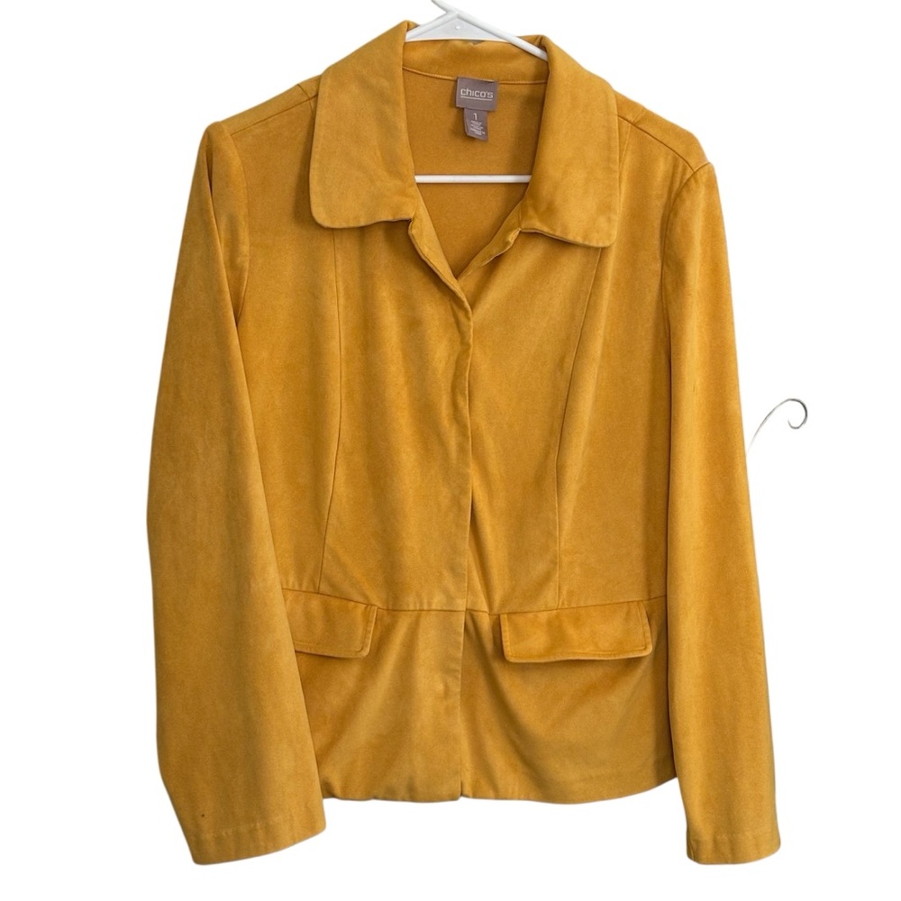 Chicos Faux Suede Mustard Yellow Jacket Size 1 M 8–10 Soft Suede Feel Fall Layer